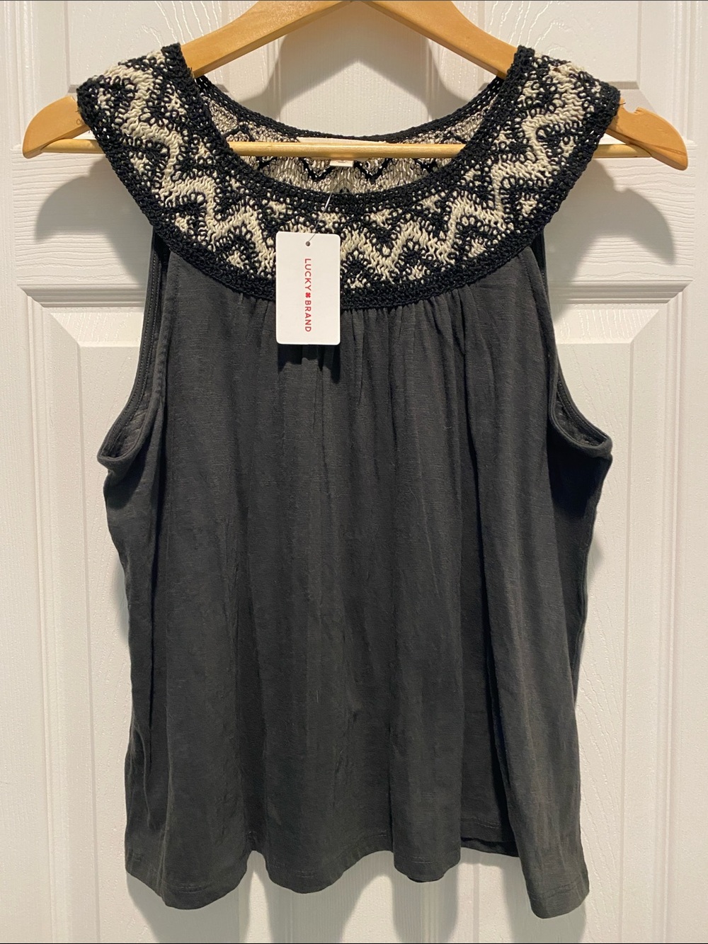 Lucky Brand Black Tank with Cream Embroidered Yoke